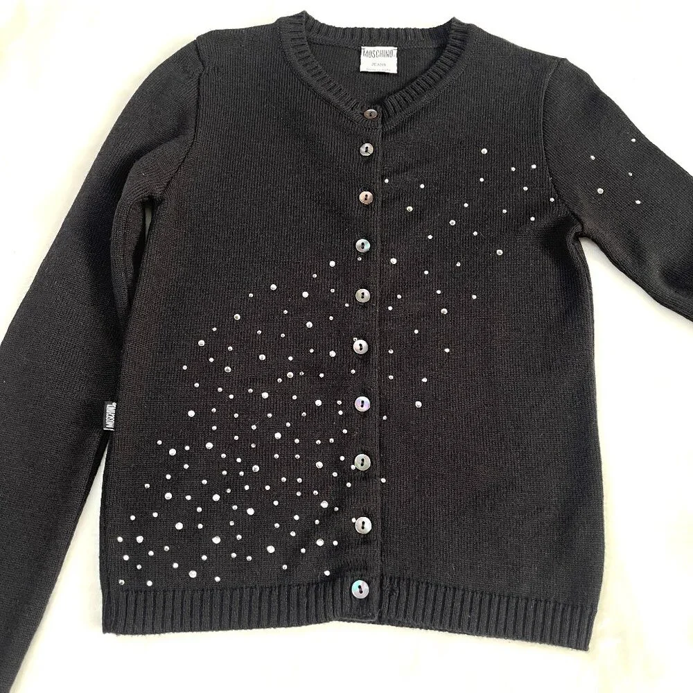 Auc Moschno Rhinestones embellished Lana Wool Black cardigan S - Picture 10 of 14